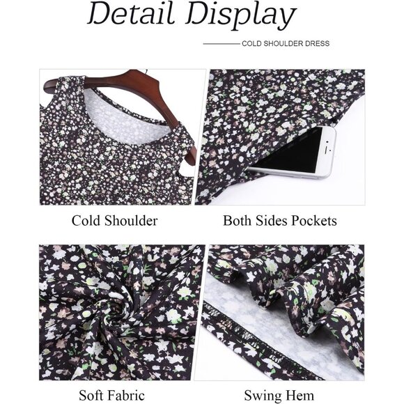 🆕Women Black Floral Cold Shoulder Dress Short Sleeve Sundress Pocket Polyester - Picture 4 of 5